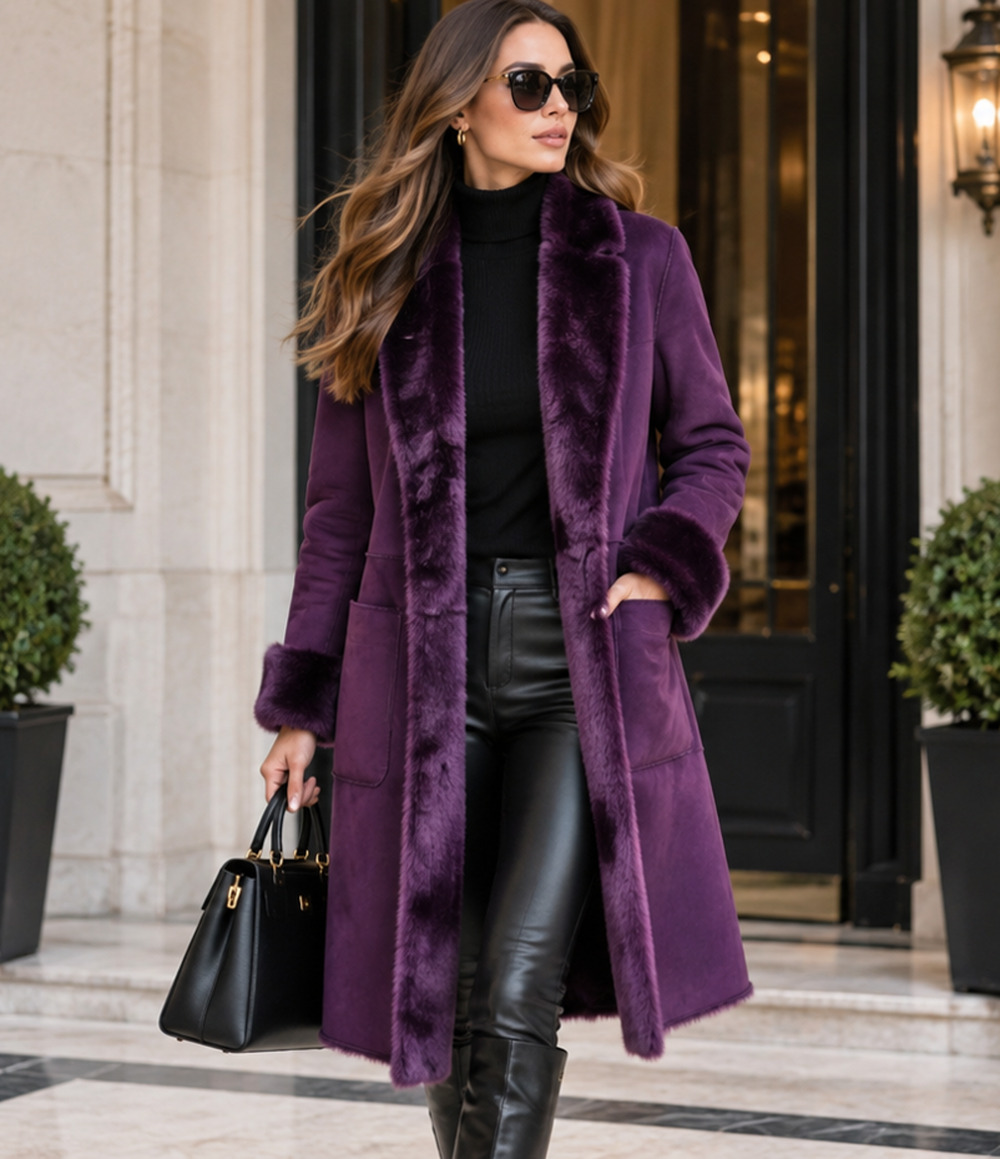 Calvin Klein Purple Faux Suede Faux Fur Reversible Long Coat Sz XS Y2K Luxe Glam